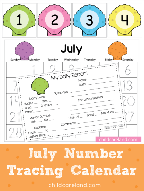 july number tracing calendar for preschool and kindergarten