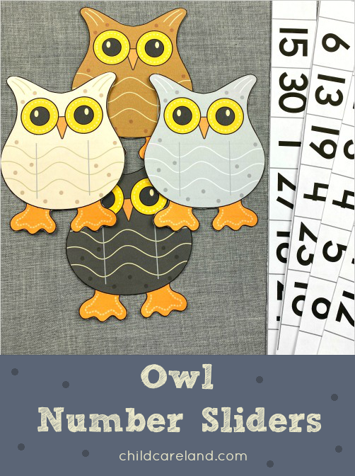 owl number sliders for preschool and kindergarten math