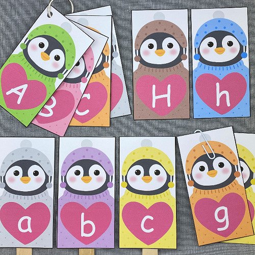 penguin heart alphabet cards for preschool and kindergarten