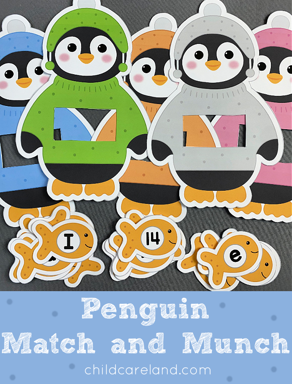 penguin match and munch for letter and number recognition activity for preschool and kindergarten