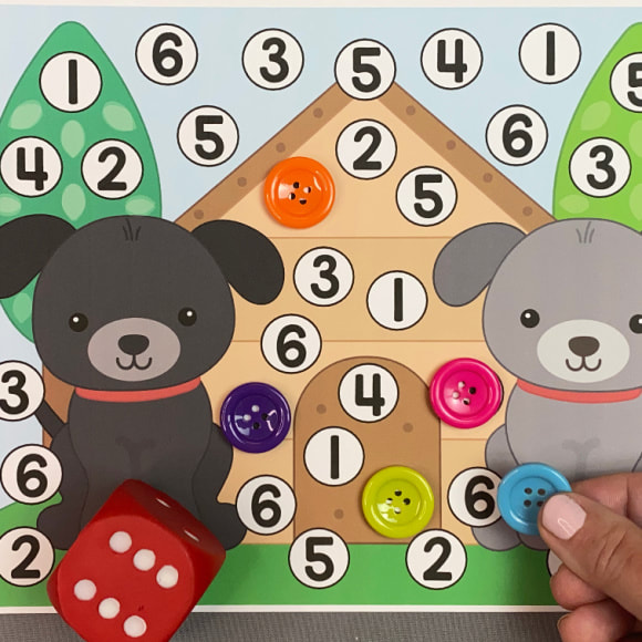 puppy roll and cover math activity for preschool and kindergarten