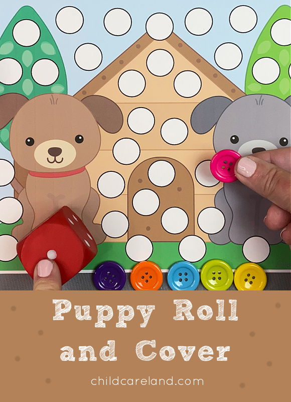 puppy roll and cover match activity for preschool and kindergarten