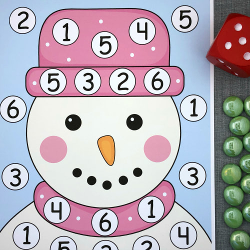 snowman roll and cover math and fine motor activity for preschool and kindergarten.