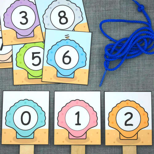 sea shell number lacing tags for preschool and kindergarten